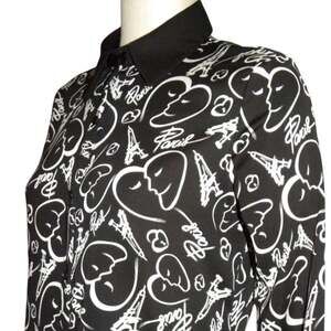 Catherine Malandrino Black PARIS Heart Print Blouse S
